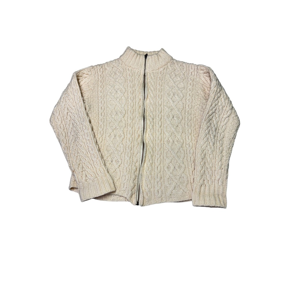 Inis Crafts Cream Cable Knit Full Zip Merino Wool Sweater Size L Made in Ireland